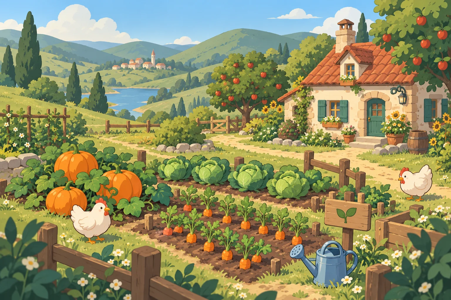 An illustrated farm garden with pumpkins, carrots, chickens, and a cozy cottage among green hills.